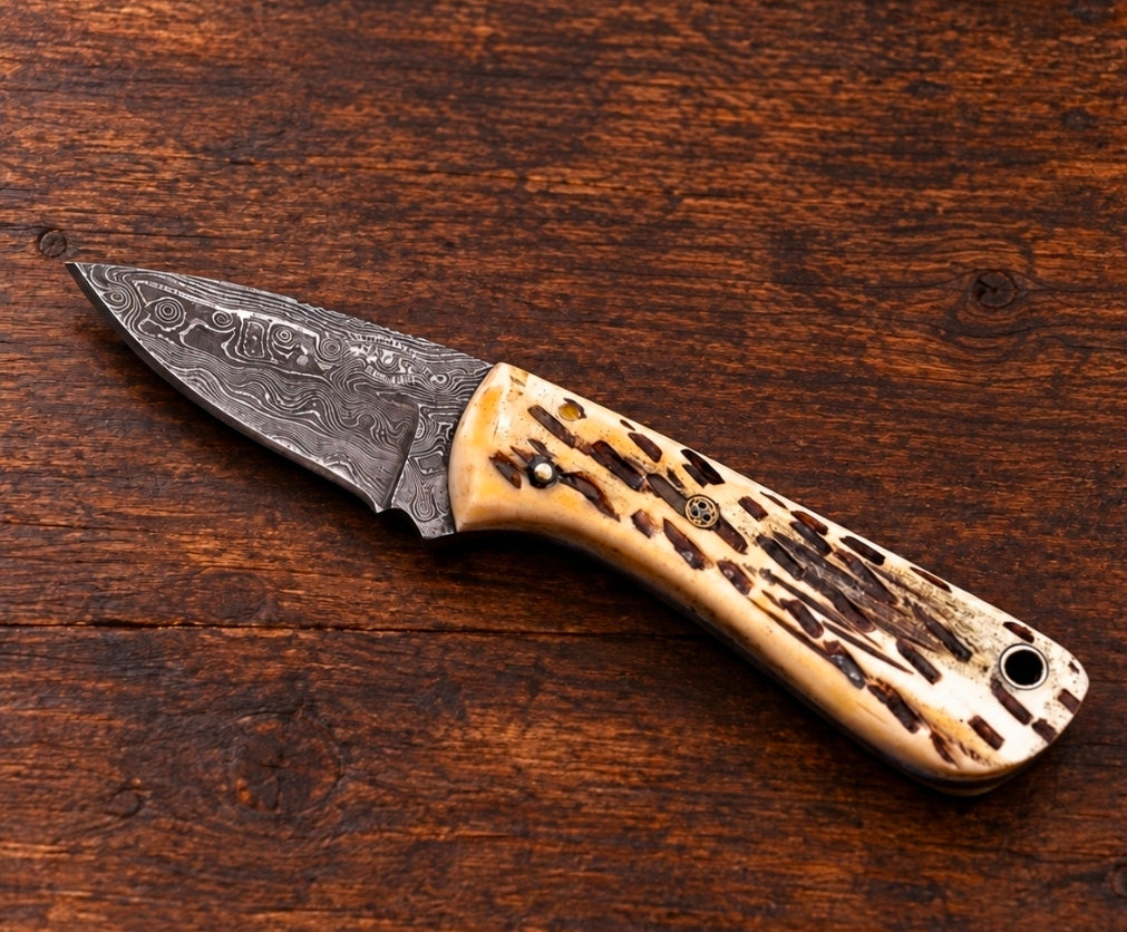 CFK Damascus Small Hunting Knife- Jigged Camel Bone Handle