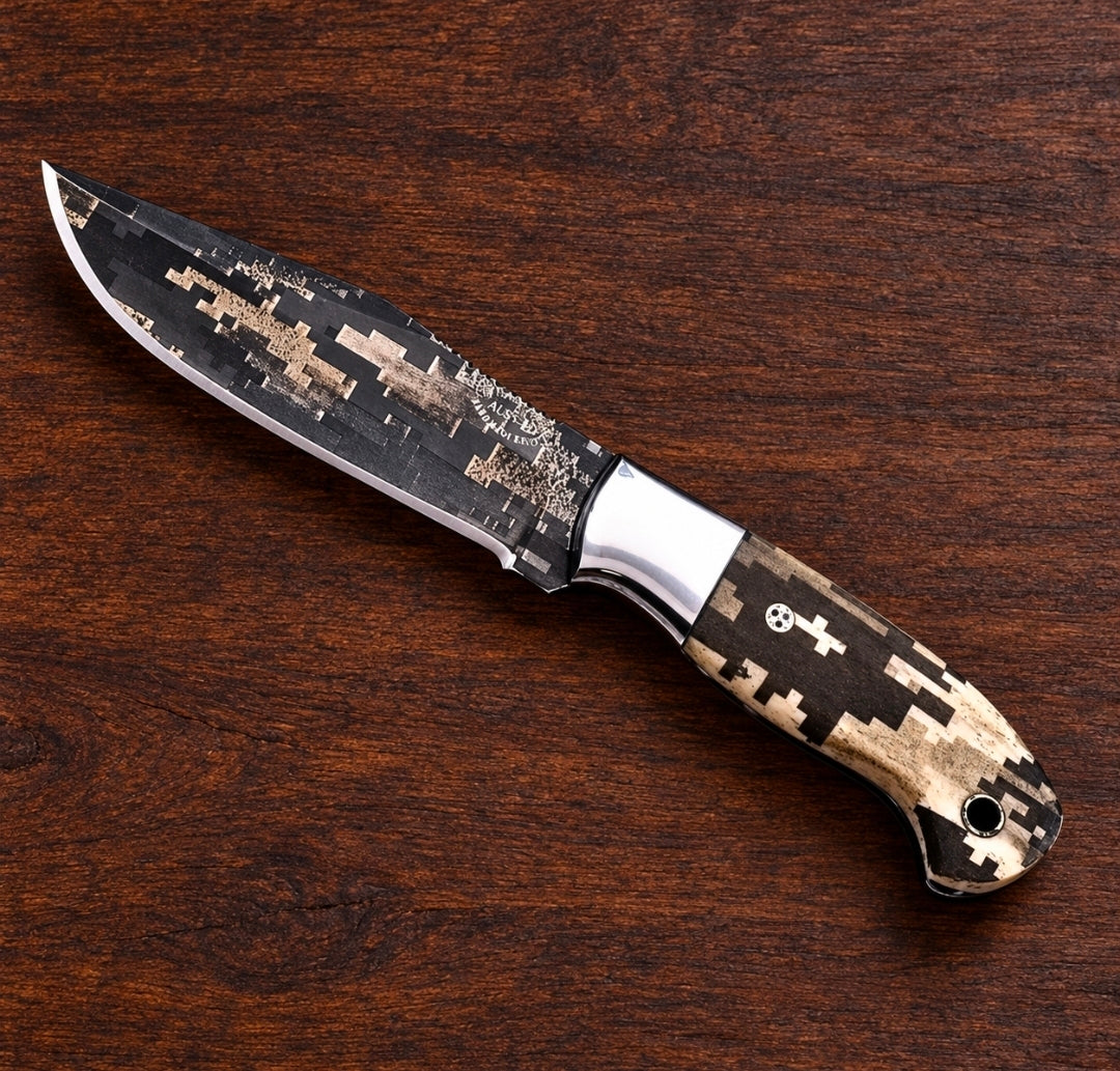 CFK AUS-10 Digital Camo Hunting Knife- Camel Bone Handle