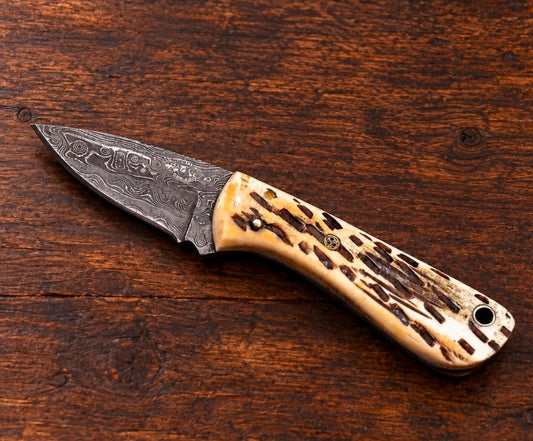CFK Damascus Small Hunting Knife- Jigged Camel Bone Handle