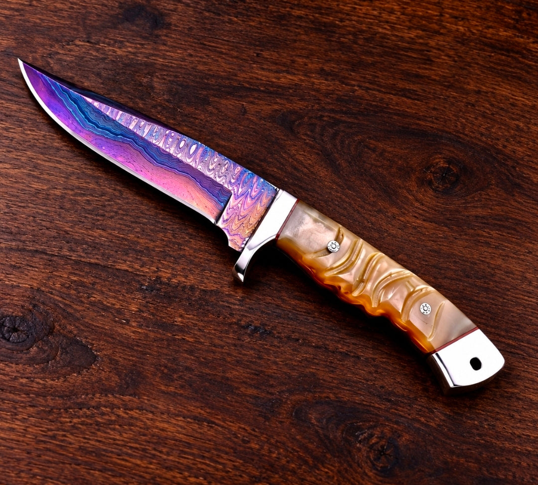 CFK San Mai Patina Damascus Hunting Knife- Natural Ram Horn