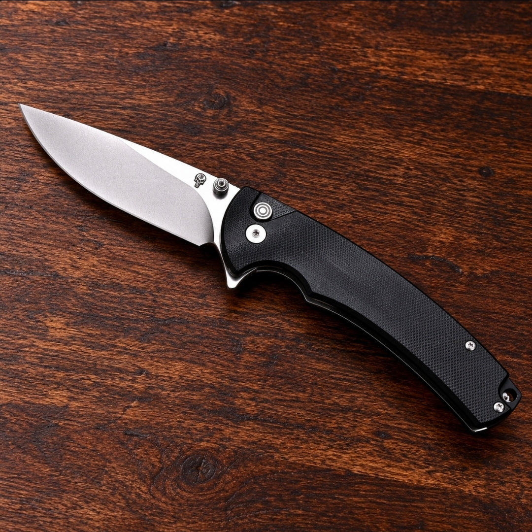 IPAK D2 Button-Lock Folding Knife- Black G10
