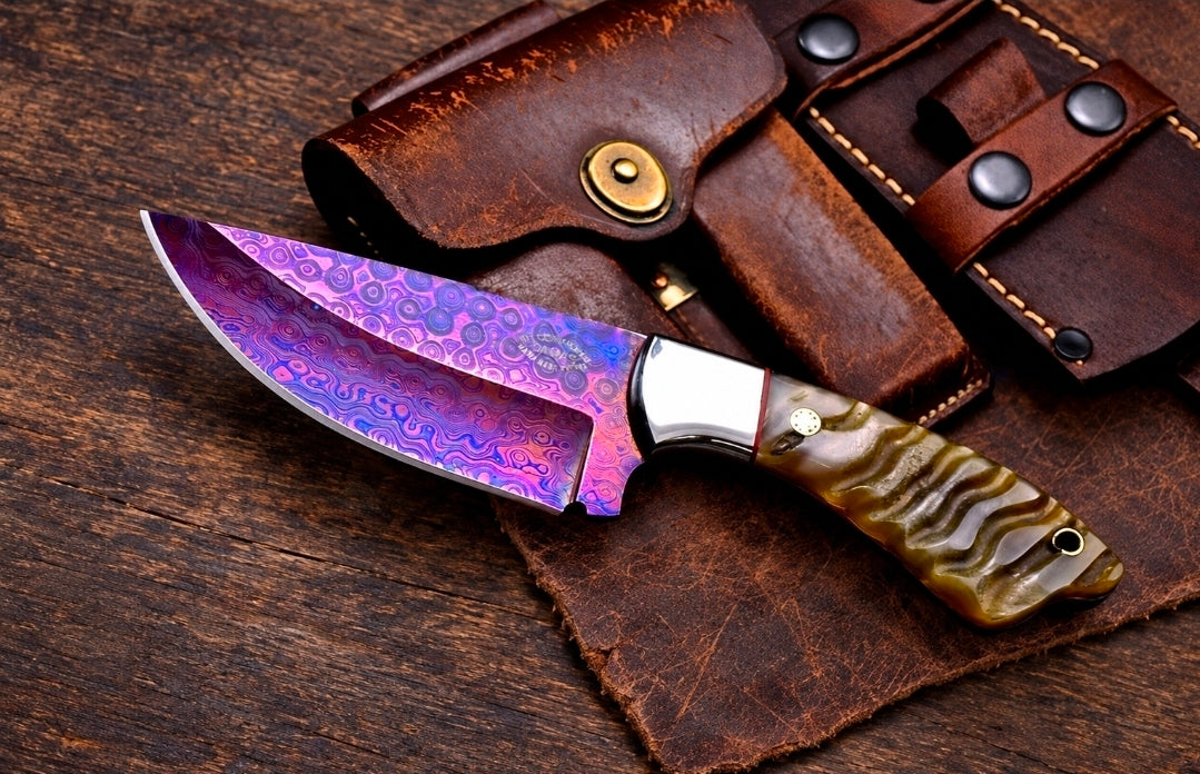CFK Purple Patina Damascus Hunting Knife With Ram Horn Handle