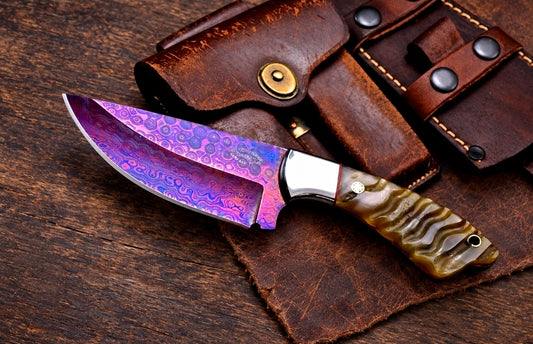 CFK Purple Patina Damascus Hunting Knife With Ram Horn Handle