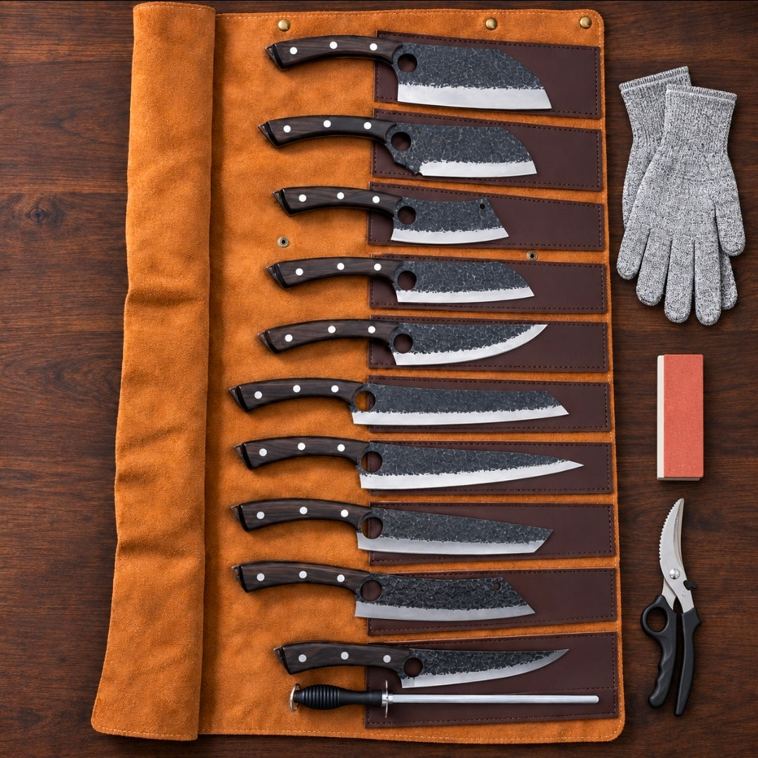 Sakura AUS-10 10-Knife Kitchen Set with Leather Roll & Accessories
